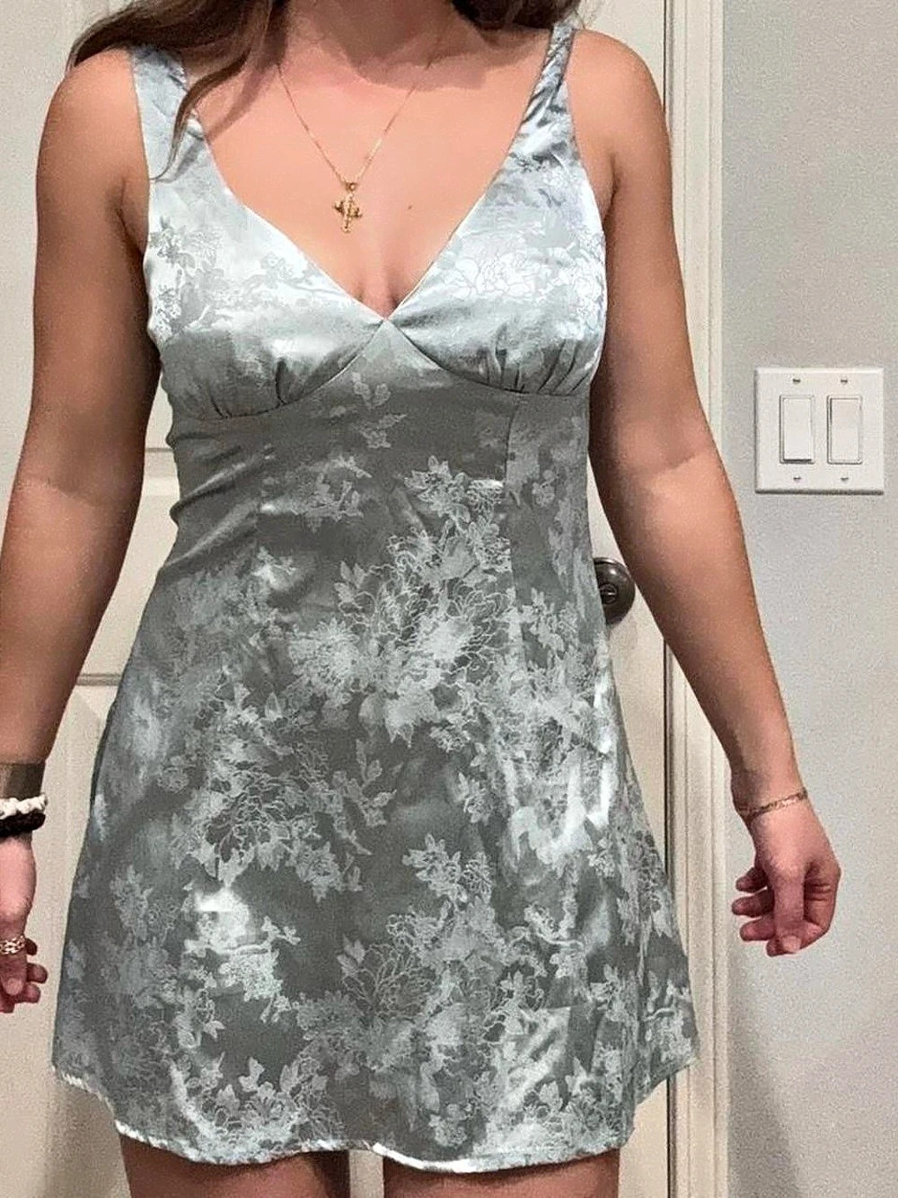 Cider Perfectly Flirtatious Floral Jacquard Mini Dress silver blue Like New